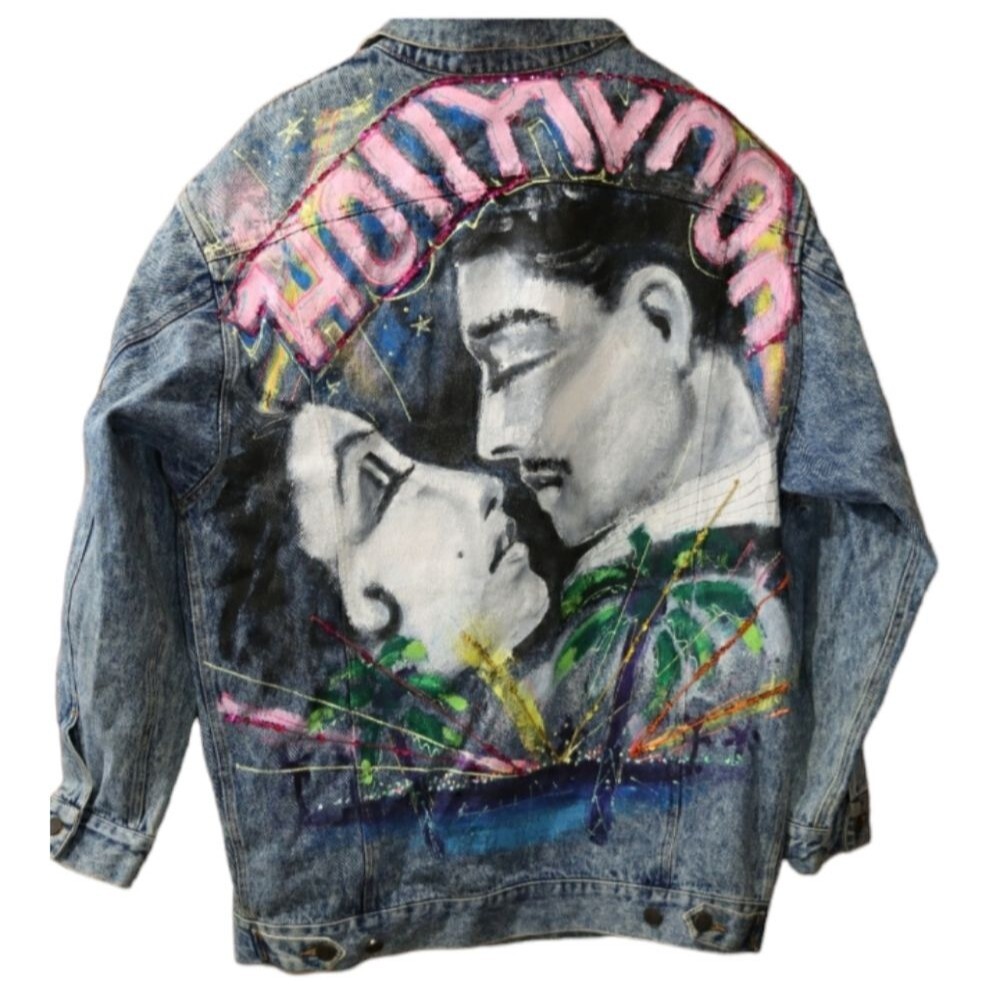 Vintage 80s Sport Deco Hand Painted Hollywood Denim Jacket Sequins Medium